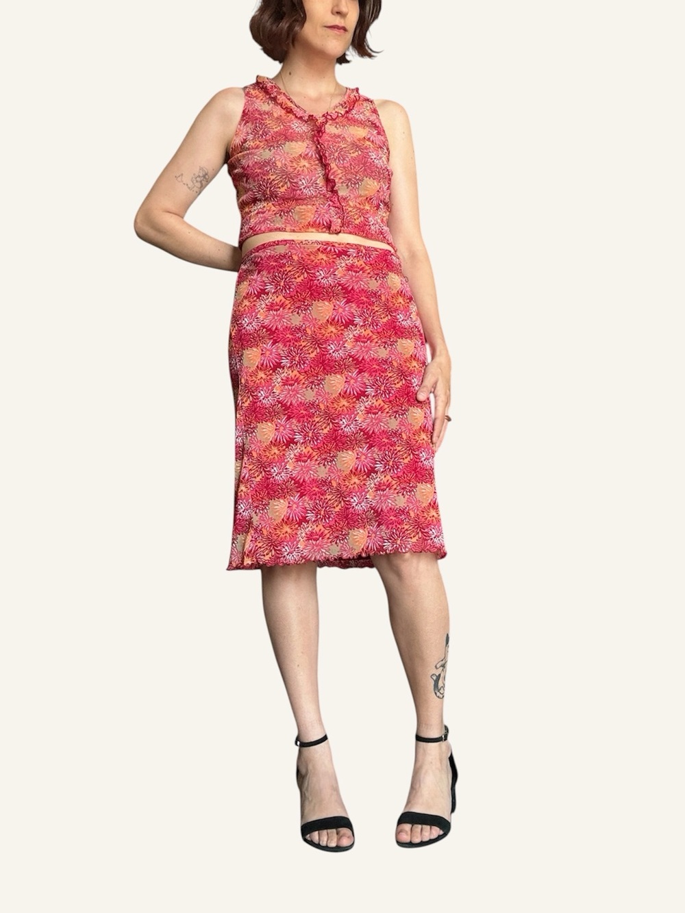 Vintage 90s MEXX Floral Mesh 2 Piece Co-Ord Set Skirt & Top | Small/Medium